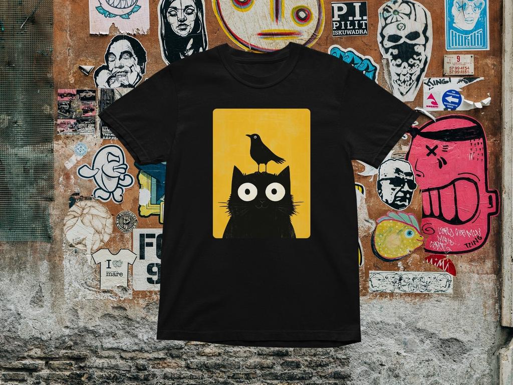 Funny Black Cat And Crow T Shirt Cute Animal Graphic Tee Gift For Cat Lovers 80s