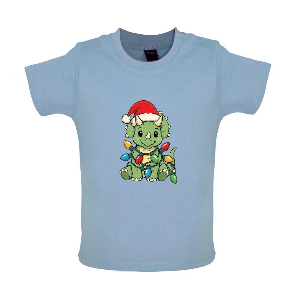Triceratops Christmas Lights - Kids T-Shirt Tees Top - Funny Cute Dinosaur 140