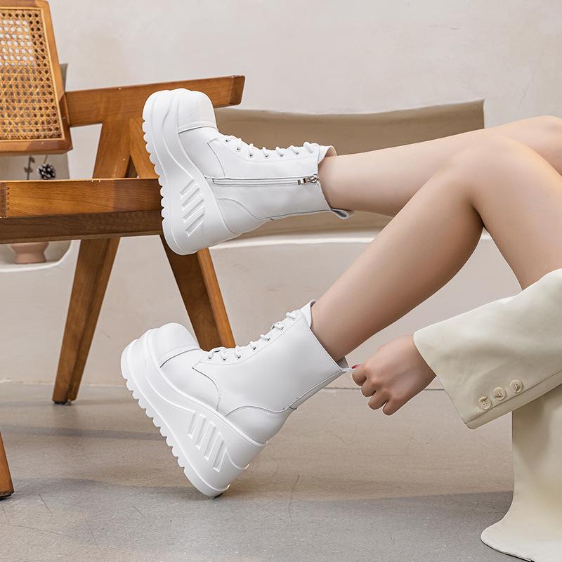 10CM Autumn and Winter New Women's Martin Boots Women's 2025 Slope Heel Women's Short Boots Side Zipper Lace-up Skinny Medium Leather Boots