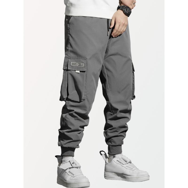 Men Drawstring Elastic Waist Multi Pocket Cargo Pants Ankle Cuffed Jogger Casual Street Trousers