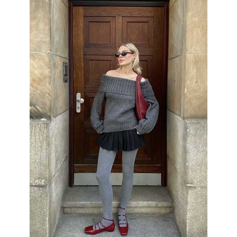 Linda. SZA American Gray Style Atmosphere High-Grade Gray off-Neck Gyaru Pullover Sweater All-Match Top