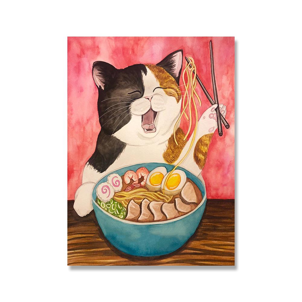 

Картина на холсте с изображением кота Рамен в японском стиле, японская еда, лапша, постер и принты, настенная картина для украшения кухни и ресторана 21x30cm No Framed