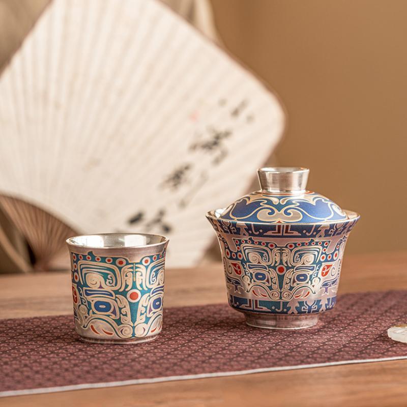 High-end Gilt Silve Tea Set Complete Set Retro Taotie Pattern Tea Ceremony Set Teapot And Tea Cup Set Tea Services Supplies Gift