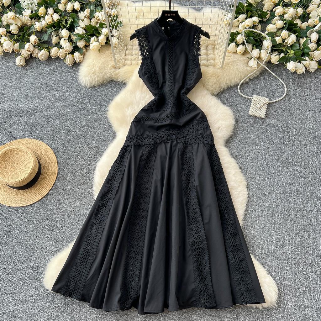 Summer Women Elegant Sleeveless Hollow Out Embroidery Lace Patchwork Long Maxi Slim Party Dresses