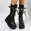 Fashion Women's Goth Platform Motorcycle Boots Punk Rivet Buckle Strap Combat Booties for Women Thick Bottom Wedge Heels Mid Calf Boots