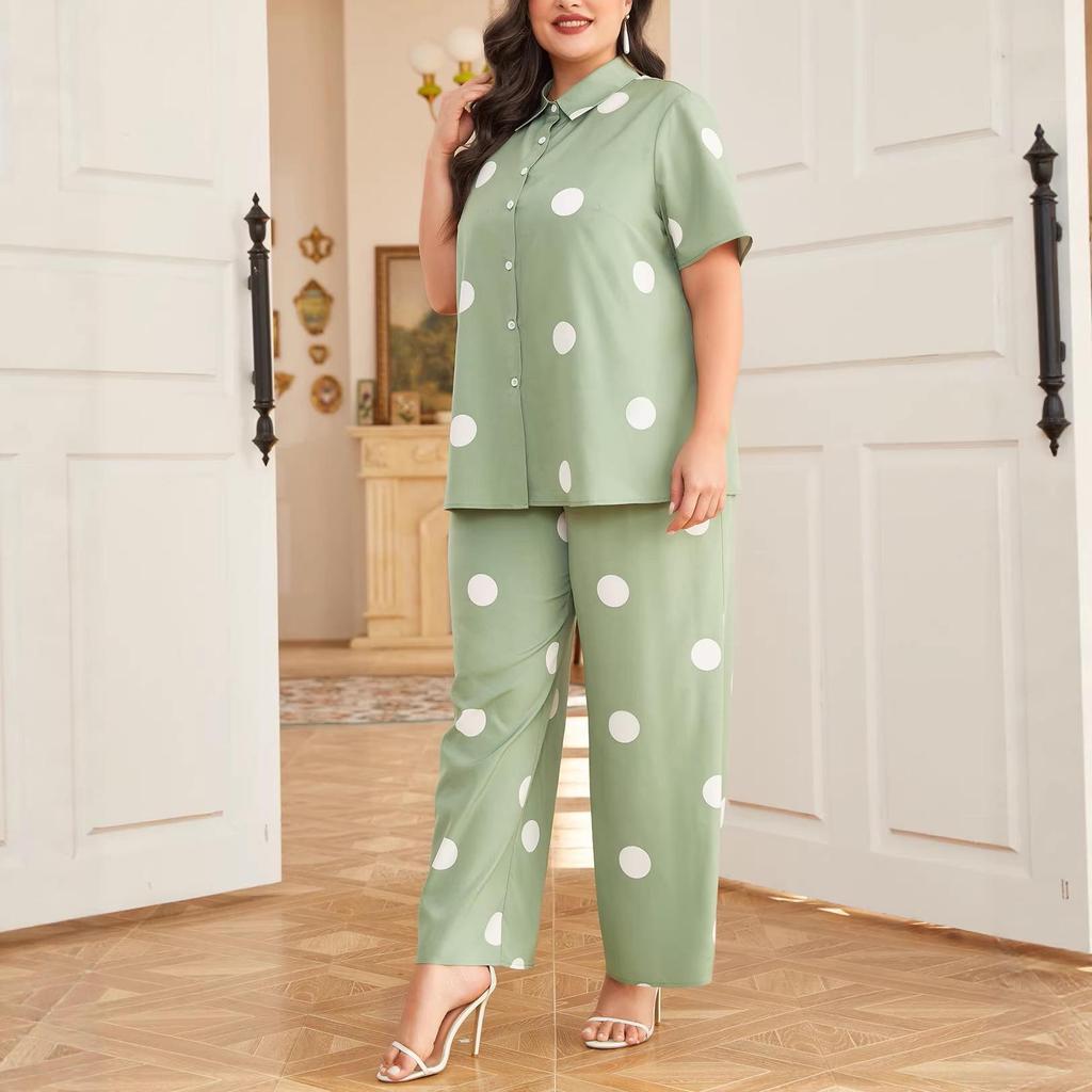 Plus Size Polka Dot Print Loose Shirt & Straight Casual Pants Set