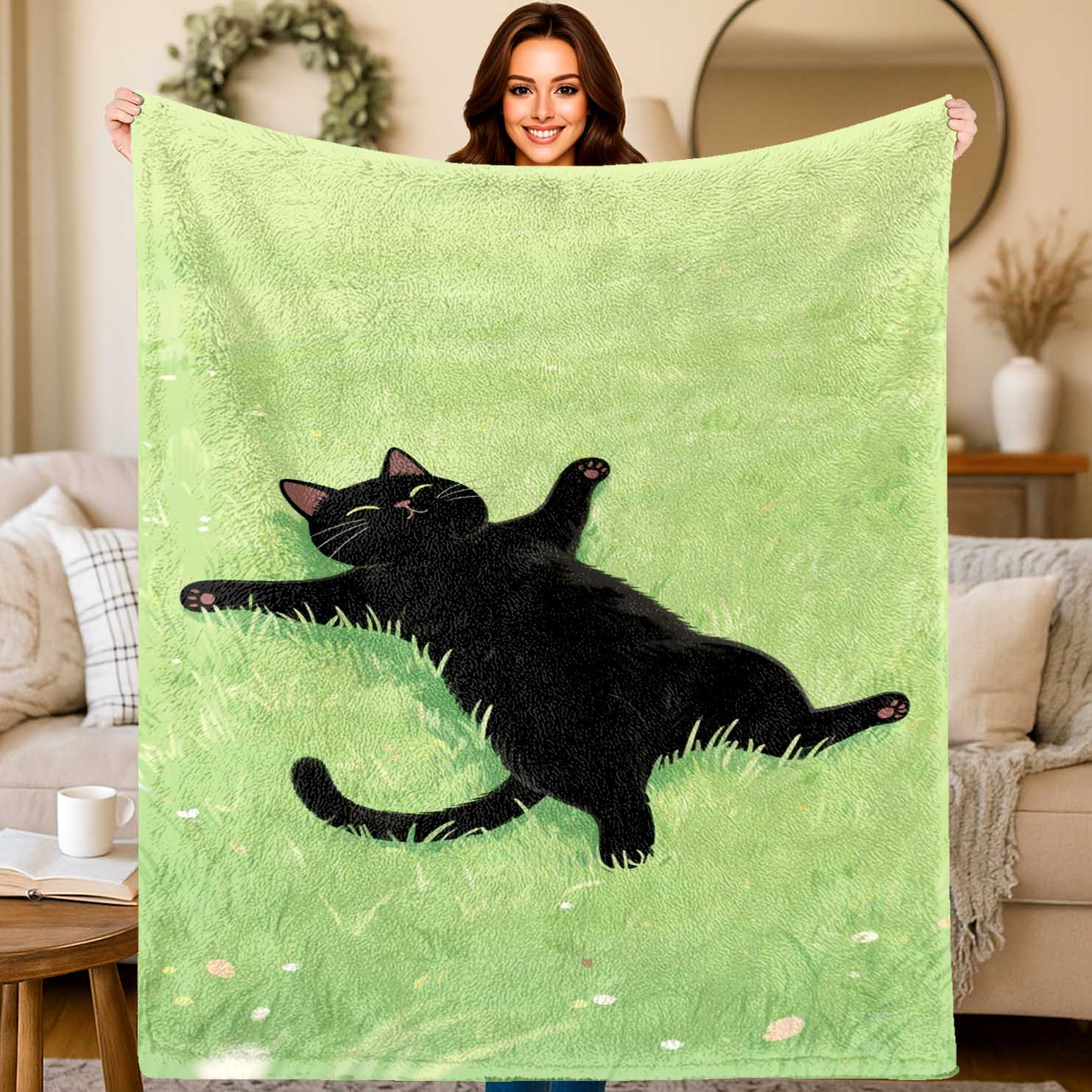 

Black Cat Lime Green Plush Flannel Blanket MultiSize Machine Washable All Season Cat Lover Gift 75x100cm (30x40inch)
