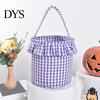 Versatile Household Storage Halloween Basket, Plaid Ruffle Trick or Treat Candy Bucket with Handle Easter Egg Hunt Carriers for Kids, Reusable Gingham