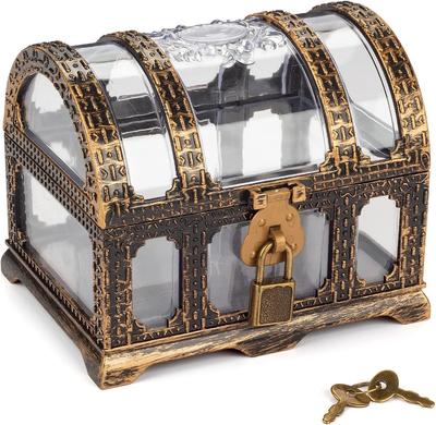 Pirate Treasure Chest Toy Box with Retro Antique Pirate Treasure Jewelry Trinket Gold Hidden Storage Interior Miscellaneous Treasure Chest