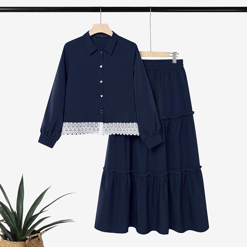 ZANZEA Ensembles Deux Pièces Élégants pour Femmes : Blouse à Manches Longues Bordée de Dentelle et Longues Jupes