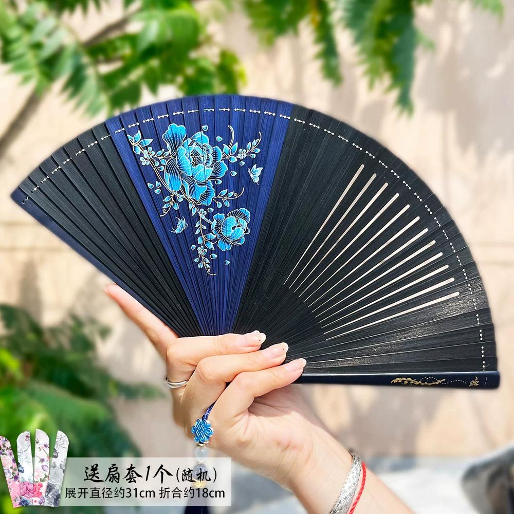 Chinese-Style Dark Green All-Bamboo Fan for Women, Hollow Floral Folding Fan, Ancient Style, Portable, Easy to Open and Close, Hanfu Dance Fan