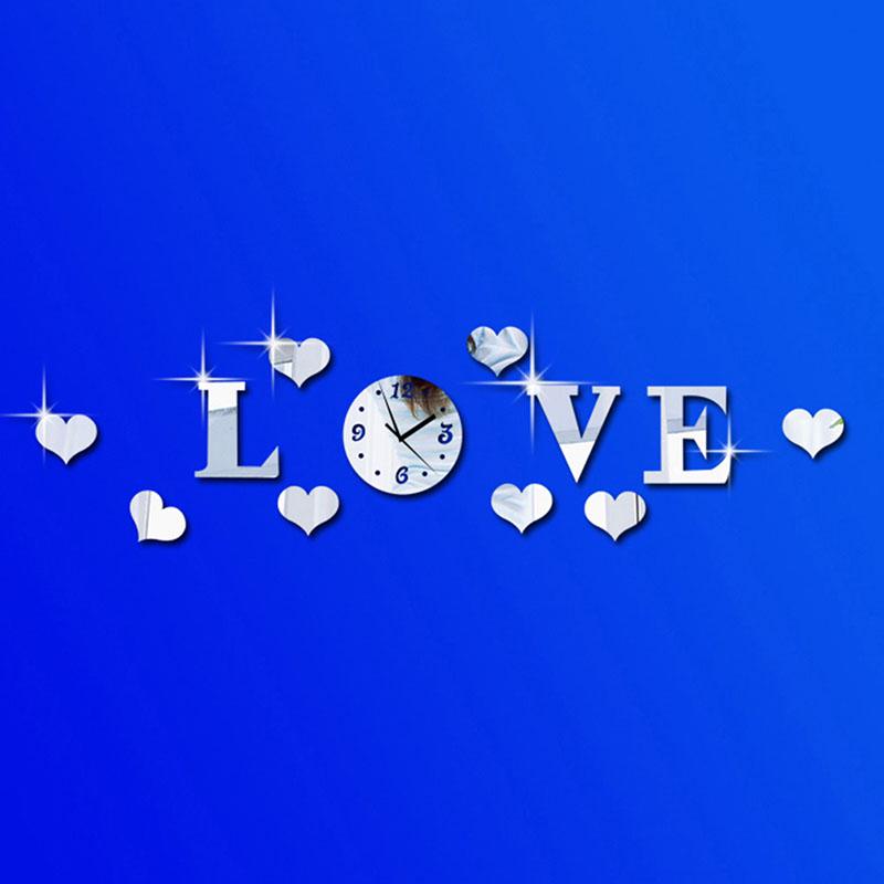 Creative Love Wall Clock Acrylic Mirror Wall Mounted Clock DIY Clock Wall Decal Living Room Bedroom Office Wall Decoration