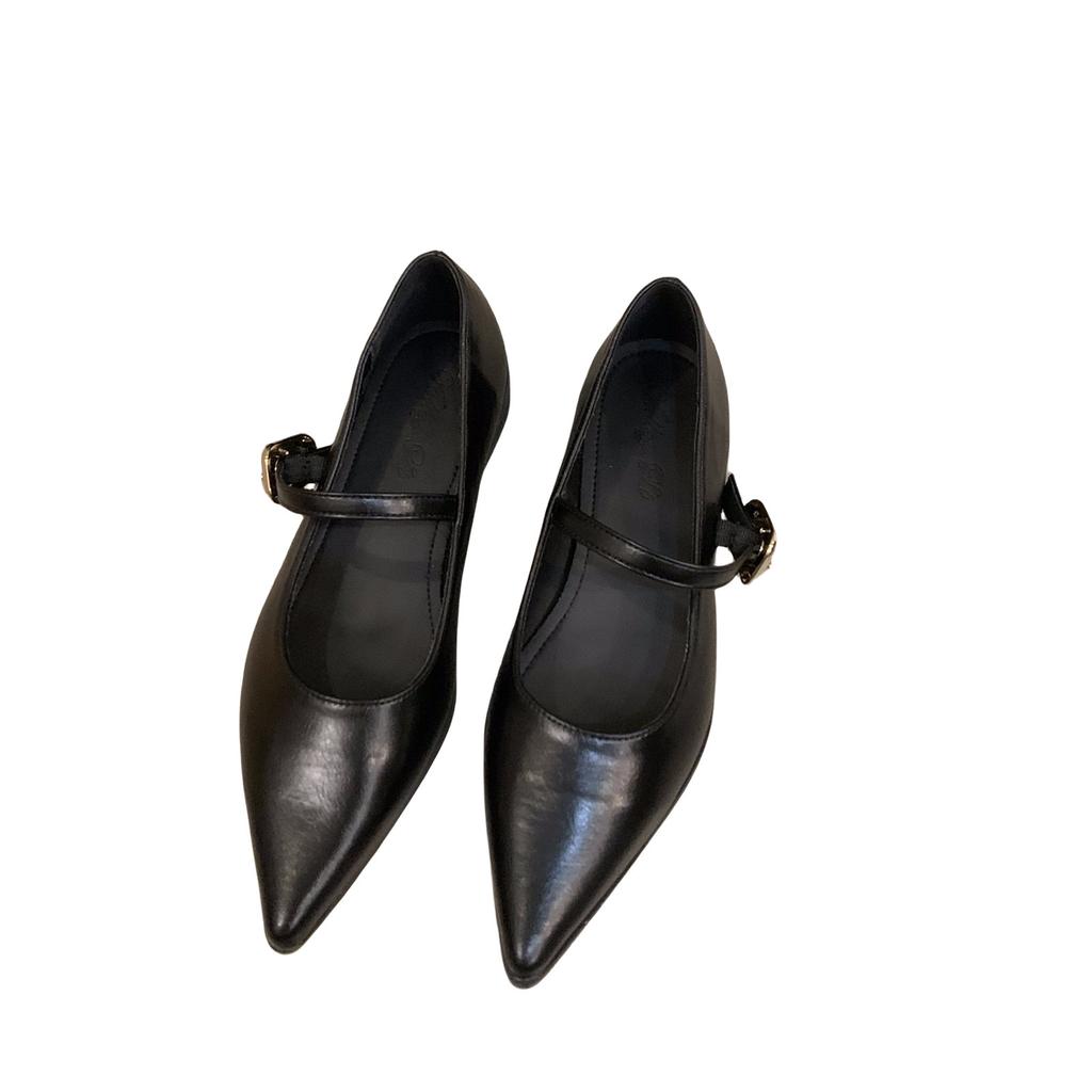 Low-heeled black temperament Mary Jane single shoes women's shoes 2025 new spring and autumn French flat-bottomed pointed evening shoes
