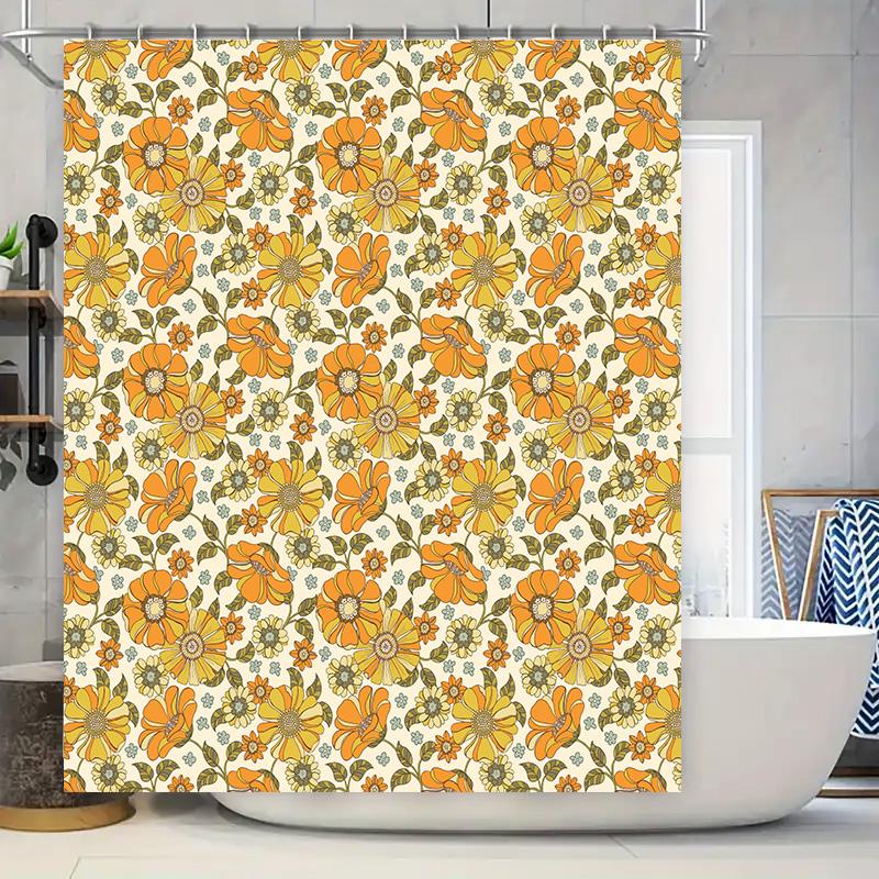 Vintage Floral Shower Curtain Orange Green Flower Design for Bathroom Decorations 71x84in