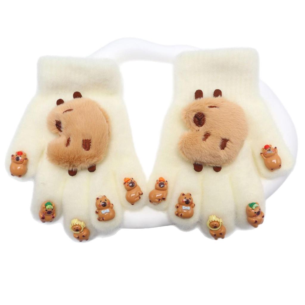 Capybara Unisex Winter Manicure Gloves for Kids - Warm Five-Finger Design