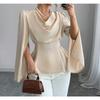 Women Elegant Satin Halter Neck Long Sleeve Waist Slimming Blouse Top