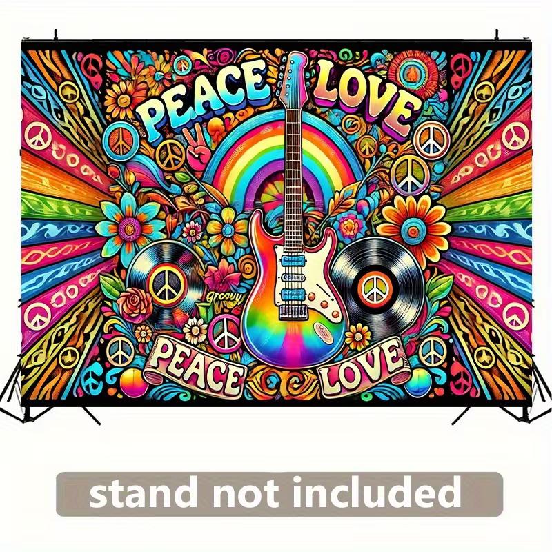 Lebendiger Psychedelischer Peace Love Wandteppich, Hippie Musik Wanddekoration mit Gitarre & Regenbogen für Schlafzimmer