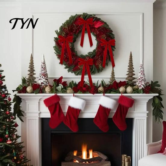 Hanging Bows for Curtains Velvet Ribbon Bow Xmas Pendant, Christmas Tree Flannel Ornament, Durable Decorative Retro Style Pendant Holiday Wedding