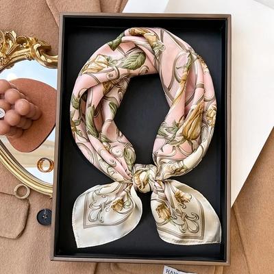 2024 Design Mode Blumenmuster Satin Quadratischer Seidenschal für Damen Handtasche Handgelenkwraps Damen Schals Schal Halstuch Foulard