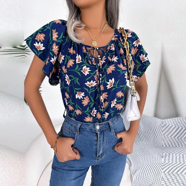 

Women s Loose Floral Chiffon Blouse with Ruffle Flying Sleeve O Neck Lace Up Top Spring Summer Fashion XL темно-синього кольору