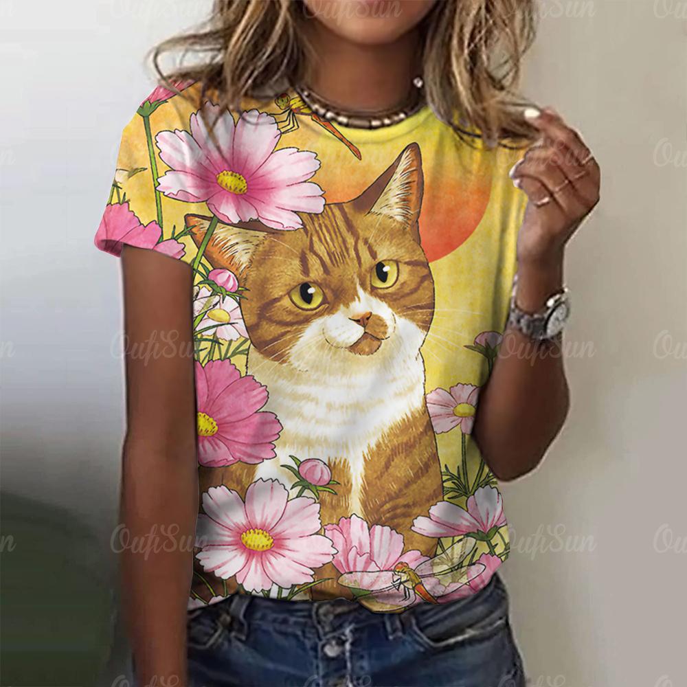 3D Fun Cat Printed Women's T-shirt Top Summer Fashion T-shirt Animal Short Sleeve T-shirt Loose Clothing