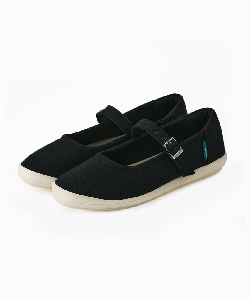 Lemouton Sweet Comfortable Wool Flat Mary Jane Shoes Black (White Outsole)