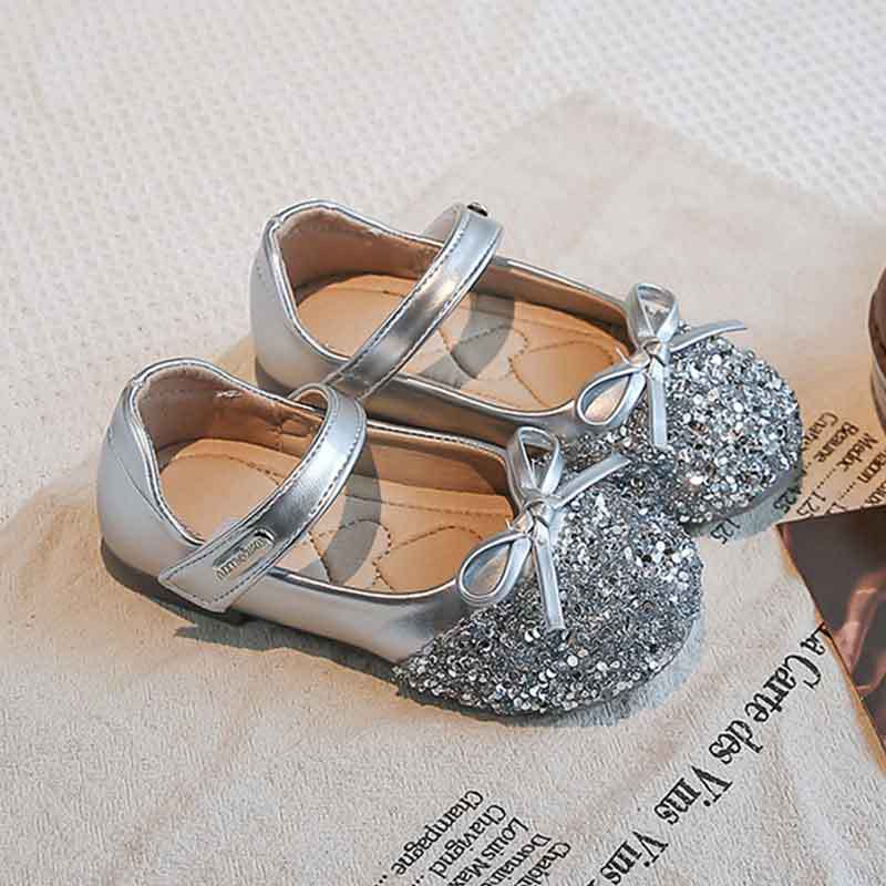 Girls Glitter Bow Mary Jane Shoes Non Slip Flat Princess Dress Shoes 23 серебряный