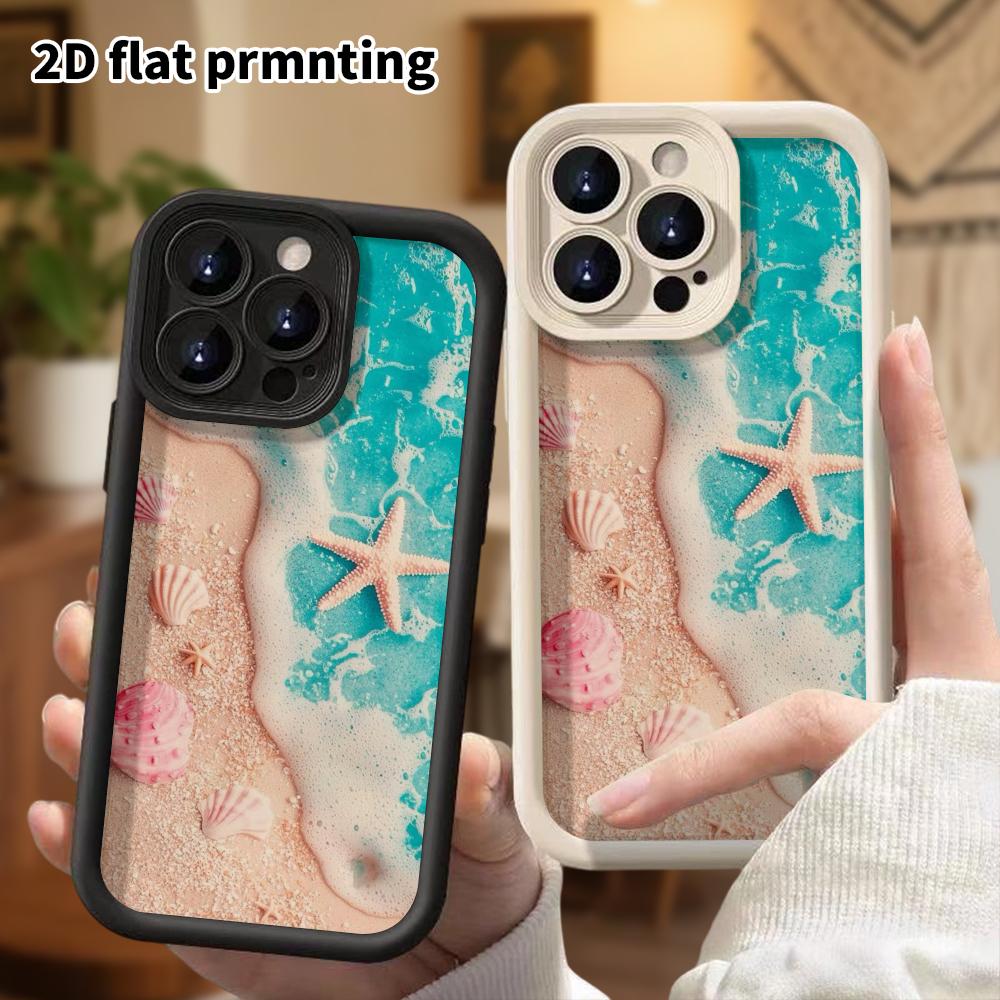 Phone Case: 2D Flat Design, Fits iPhone 13 Pro To 18, Stackable Protective Case, Beach Shell and Starfish, Christmas and Halloween Gift