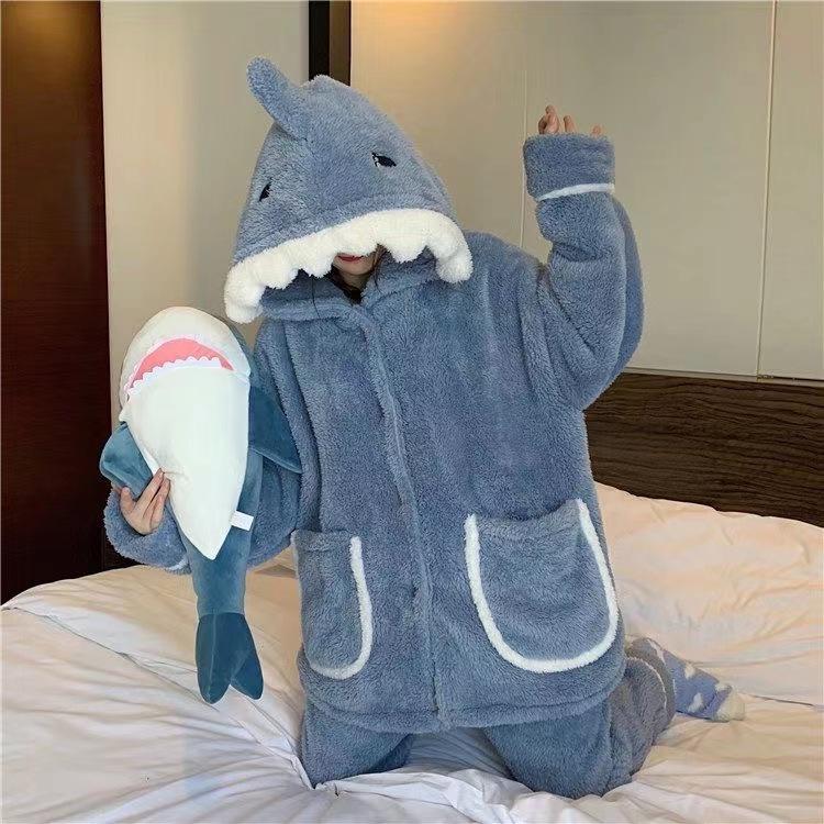 Women's Cute Shark Hooded Pajamas: Thickened Coral Fleece for Warmth, Perfect for Winter Lounging and Outdoor Wear.