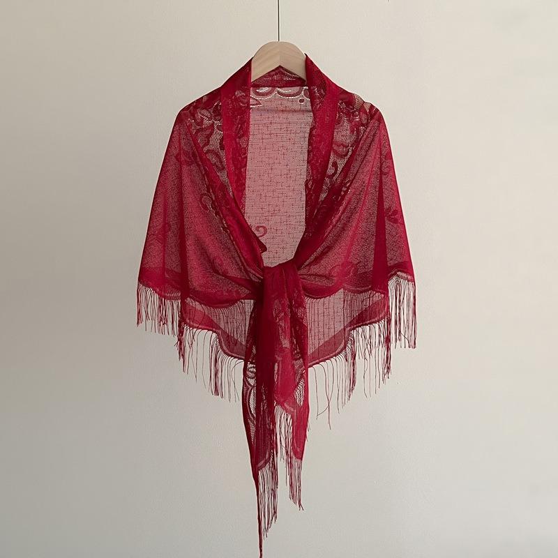 Solid Color Tassel Lace Wave Edge Triangle Shawl For Women