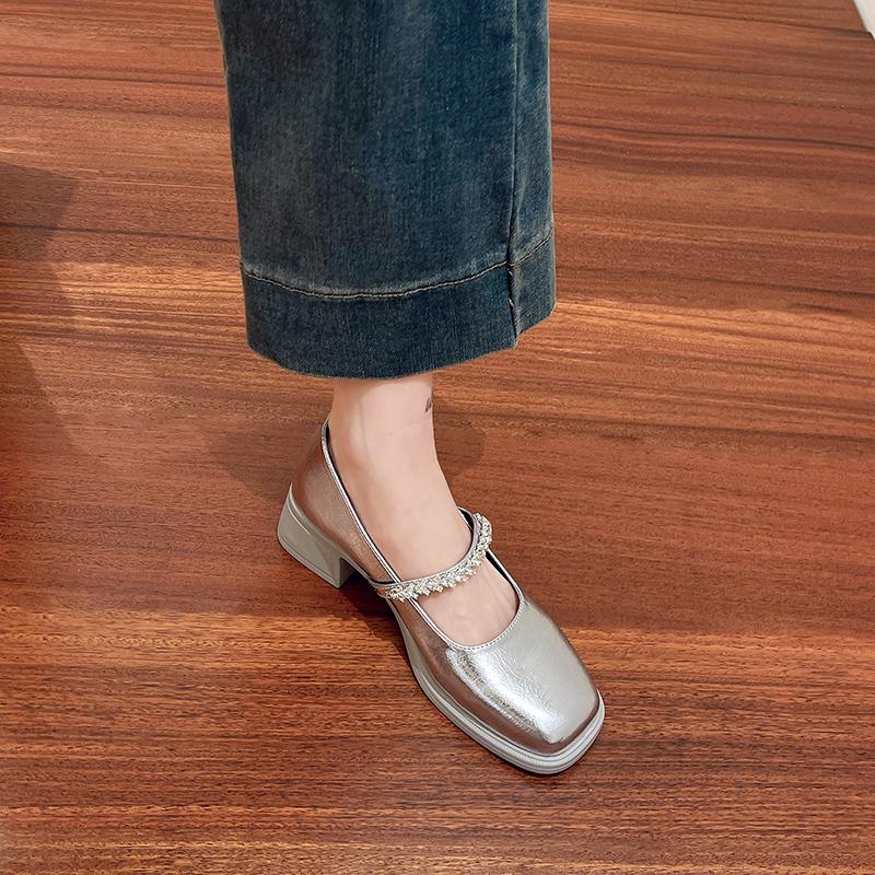 Fashion Square Heel Single Shoes Women's Autumn New Square Toe Shallow Mouth Crystal Strip Non-slip Block Heel Shoes
