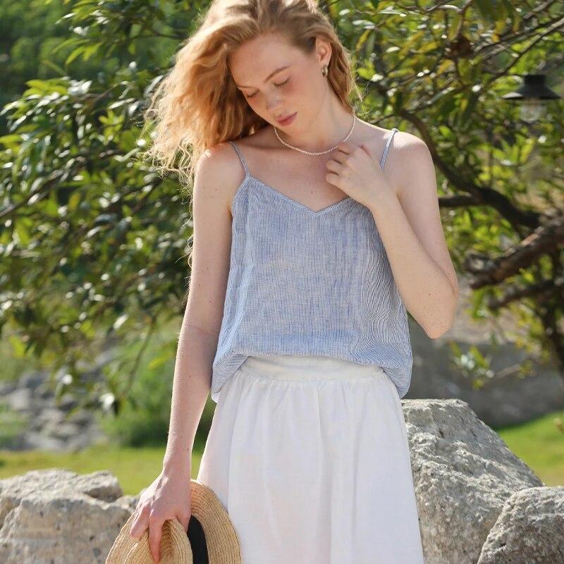 Suspender French Lazy Feeling Sky Blue Striped Vest Women V-neck Loose Sleeveless Tops Summer