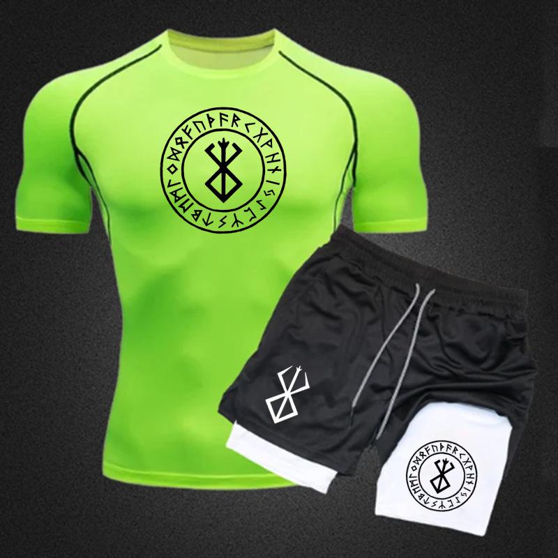 Men's Anime Double-Layer Quick-Dry Shorts & Tee Set for Outdoor Running & Fitness