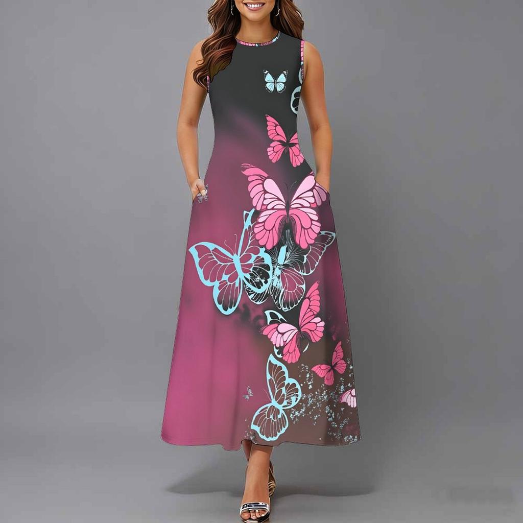 Robe Sans Manches Col Rond Grande Taille pour Femme Vert Frais Feuille Florale Coupe Ample Mi-Mollet