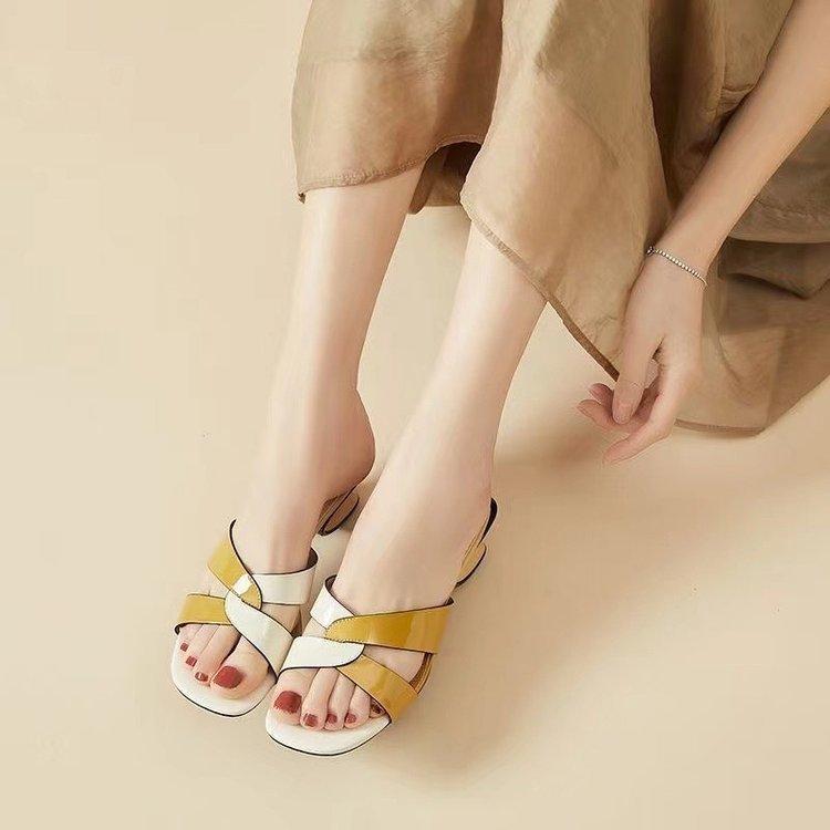 Sommer Vielseitige Mittelhohe Ferse Fischmaul Gestrickt Quadratische Spitze Damen Sandalen Hausschuhe