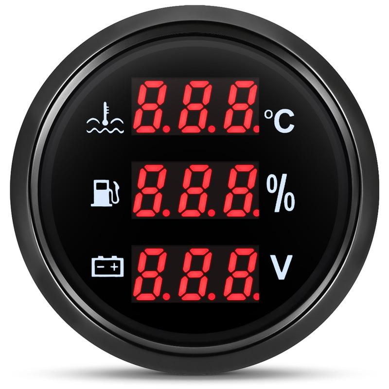 Multifunctional 2"52MM Gauge Digital Water Temperature+Fuel Level Gauge+Voltage with Alarm Red Light for Marine Boat Yacht Car