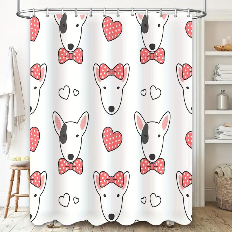 Pink Bow Tie Pattern Shower Curtain Cute Dogs Print Bathroom Decor White Fabric Waterproof Shower Curtains Set (Size180X245Cm)