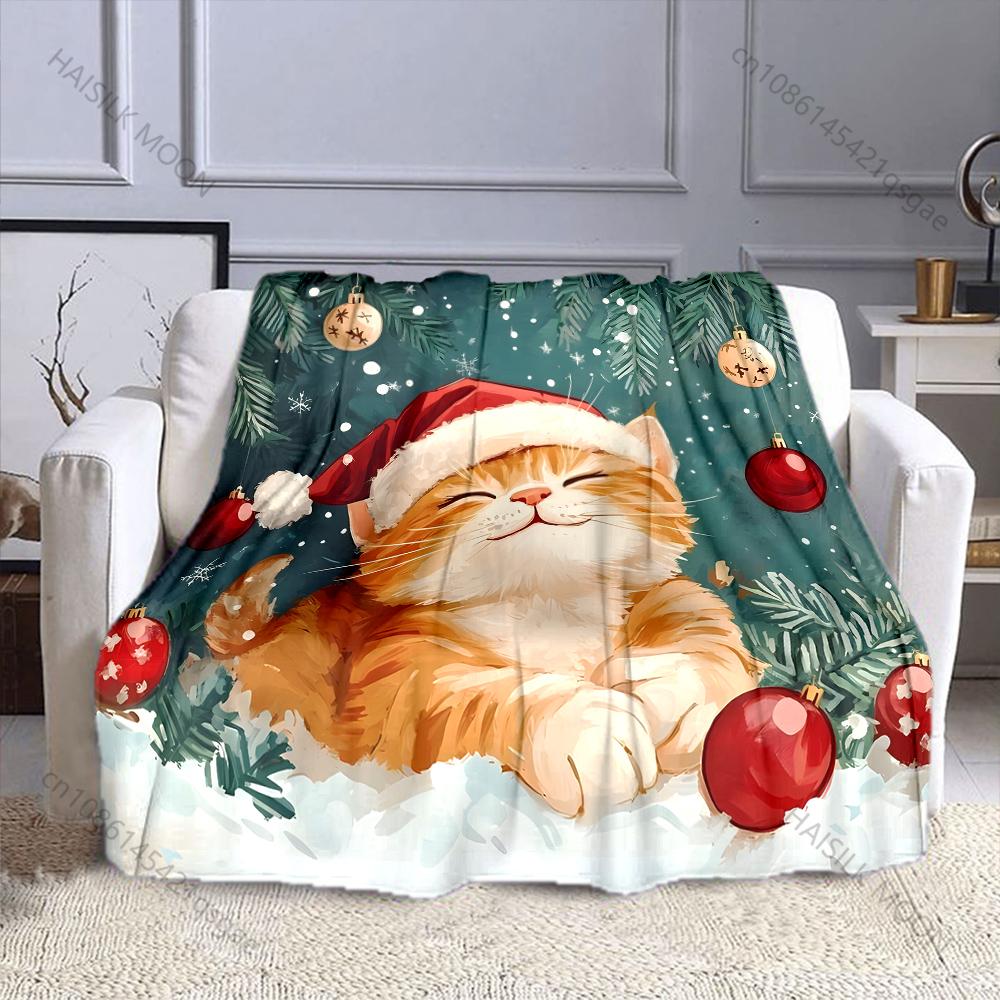 Multi-size Festive Cat In Snow Pattern Blanket Flannel Material Soft Warm for All Seasons Home Outdoor Camping Picnics RV Gifts