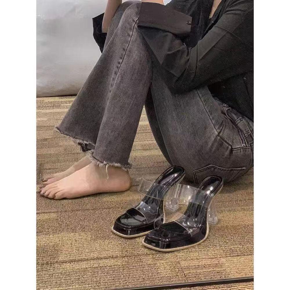 2025 Summer New Popular Transparent Crystal Heel Waterproof Table Thick Heel High Heel Cool Slippers Wear Fairy Style Women's Shoes