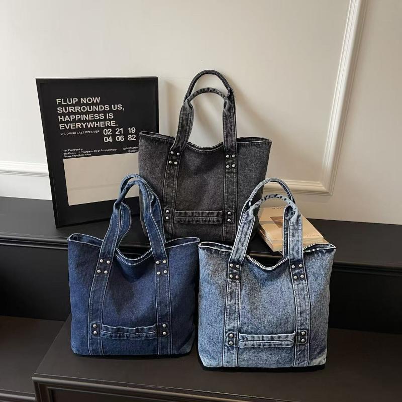 Korean Dgdaemun Fashi Denim Tote Bag Trendy Mom Casual and Minimalist Shoulder Bag with Studs Fashi Versatile Commute Bag