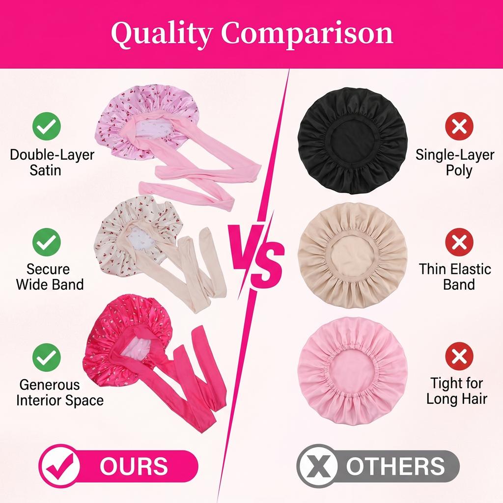 3pcs Satin Sleep Bonnet Double Layer Adjustable Elastic Band Wide Design Cherry Print Silk Bonnet