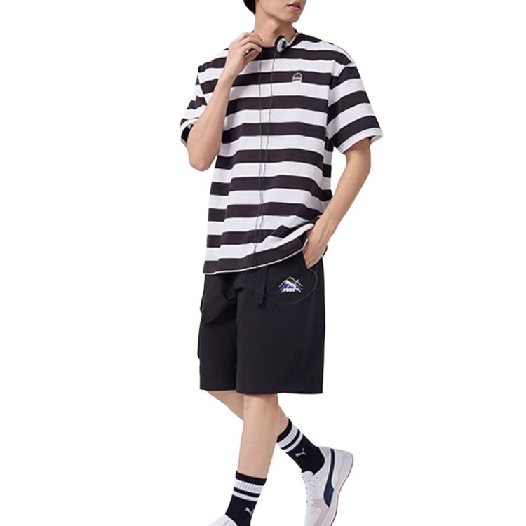 PUMA Downtown Logo Colorblock Striped Crew Neck Short Sleeve T-Shirt Men Tops Black 630115-01