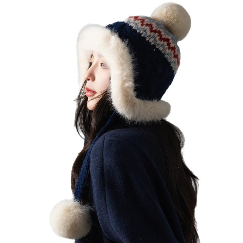 Korean Version Hat Winter Women'S Cute Hairball Knitted Hat Big Head Circumference Autumn Windproof Headgear Ear Protection Warm Hat