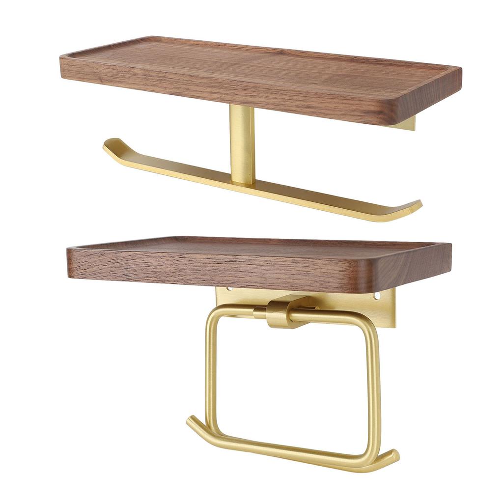 Toilet Paper Holder with Shelf Aluminum Alloy Walnut Paper Holder Easy Installation Space Saving Tis