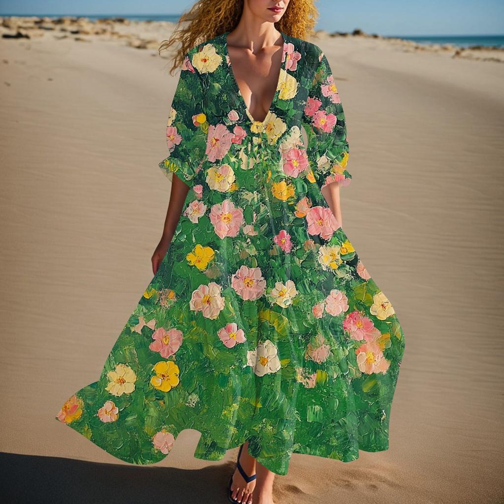 Women's Summer Fashion V-neck Retro Floral Print Short Sleeved Beach Dress With Lace Patchwork Dress