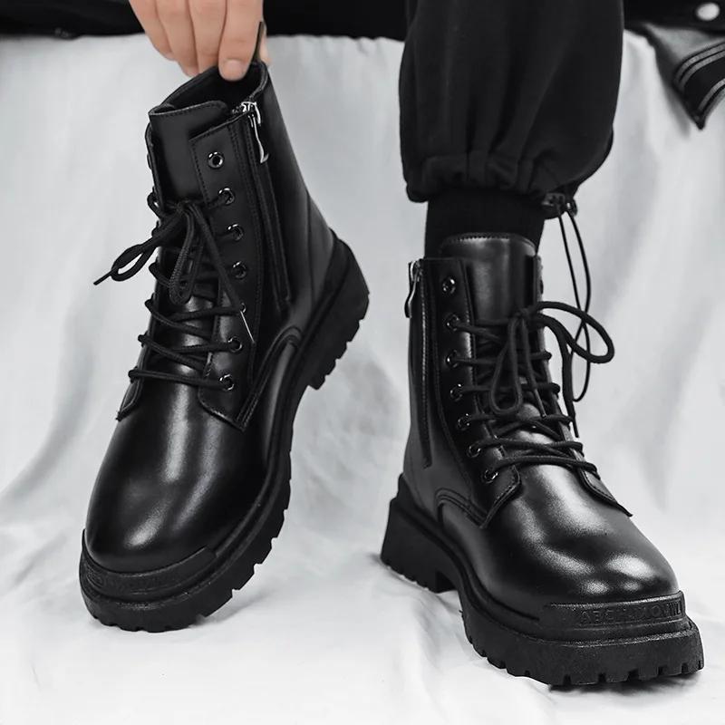 2025 Hot selling warm short boots high top men's trendy retro British PU leather boots winter shoes for men workwear shoes