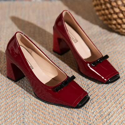 Tacones de Mujer Temporada Primavera Otoño Dulce Retro Lazo de Color Zapatos Individuales Mujer Tacón Medio Grueso Punta Cuadrada Zapatos de Mujer