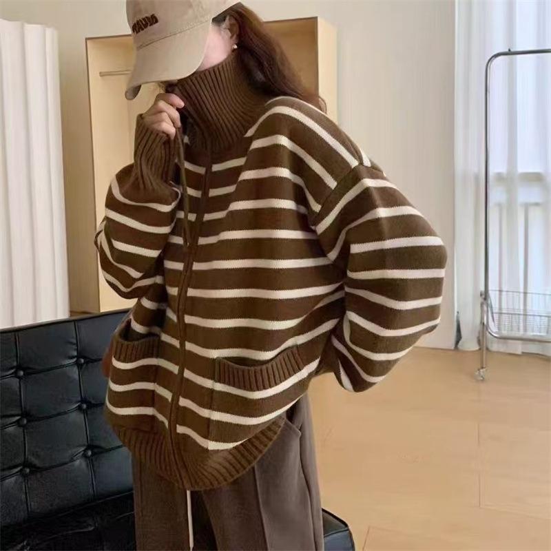 

Autumn and winter new loose fashion striped knitted cardigan women s versatile casual warm zipper sweater jacket women average size