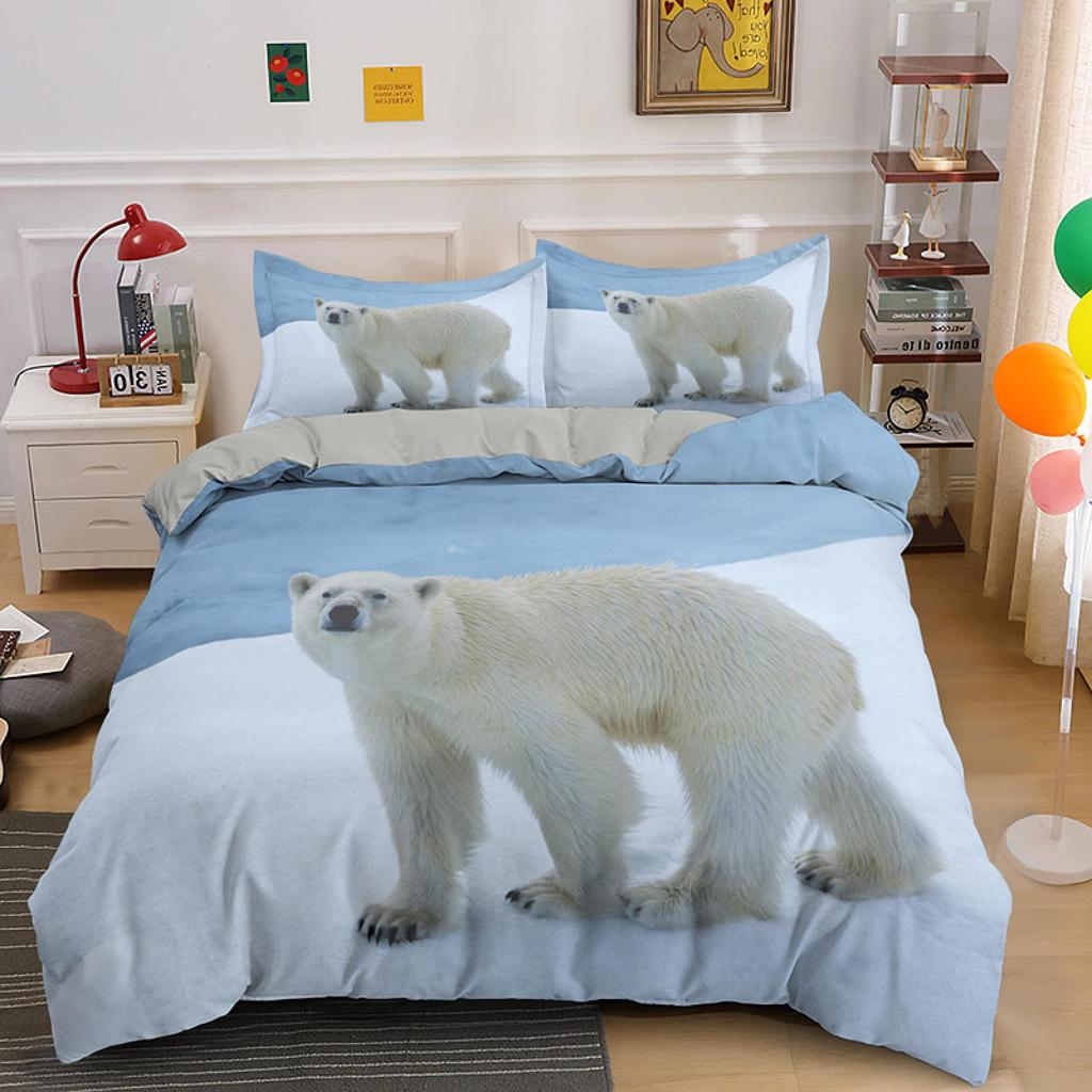 Polar Bear Duvet Cover King Queen 3D Lovely White Arctic Animal Bedding Set For Kids Teens Adult Wildlife Quilt Cover Pillowcase