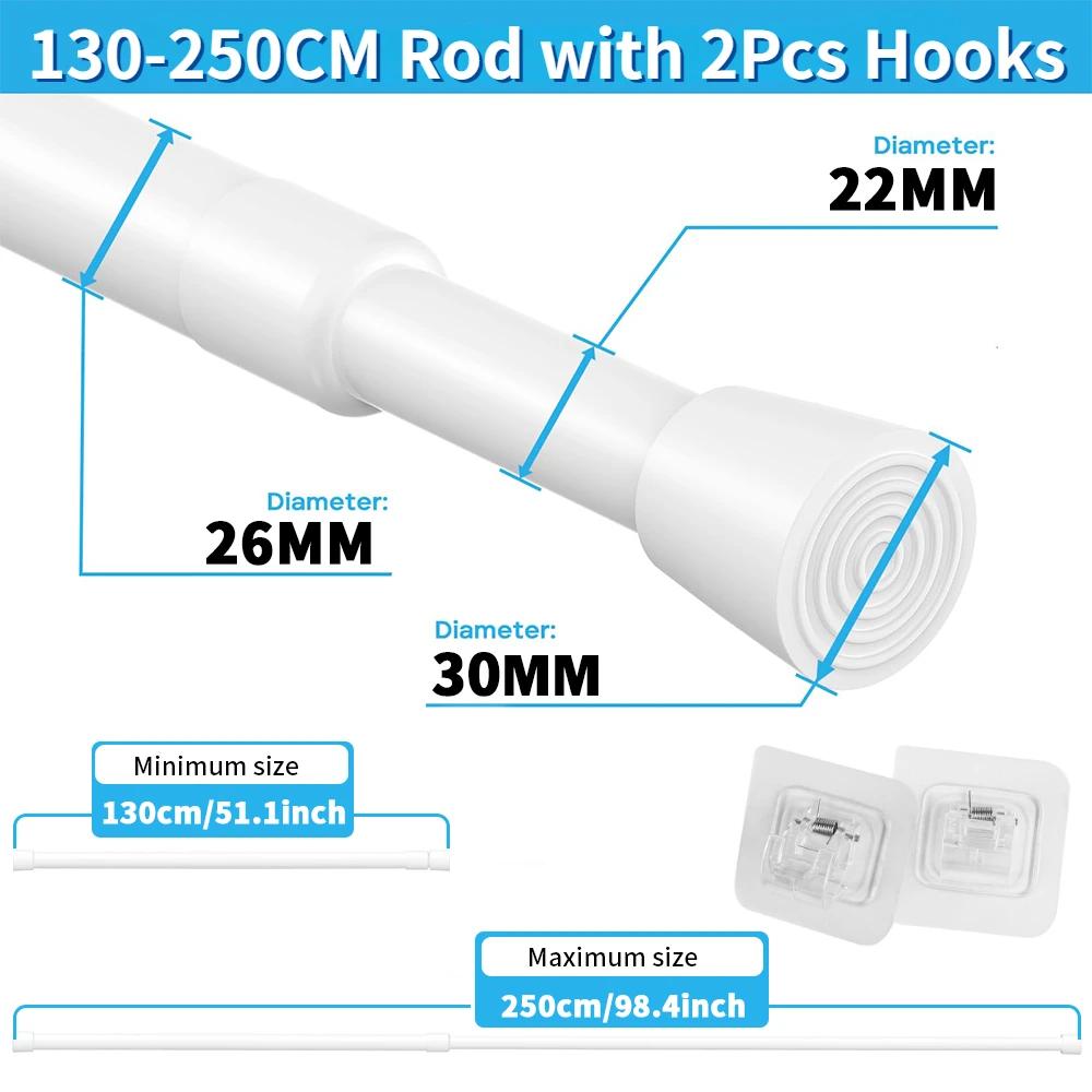 Expandable Spring Tension Rods Adjustable 40 to 280CM Tension Curtain Rod No Drilling Spring Loaded Curtain Rod for Doors Window
